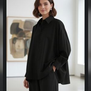 Eskandar Longline Tunic Button Down Long Sleeve Cotton Top  Black Size 2